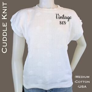 VTG 80s Cuddle Knit Sweater Medium White Cotton Short Sleeve Dolman USA Made